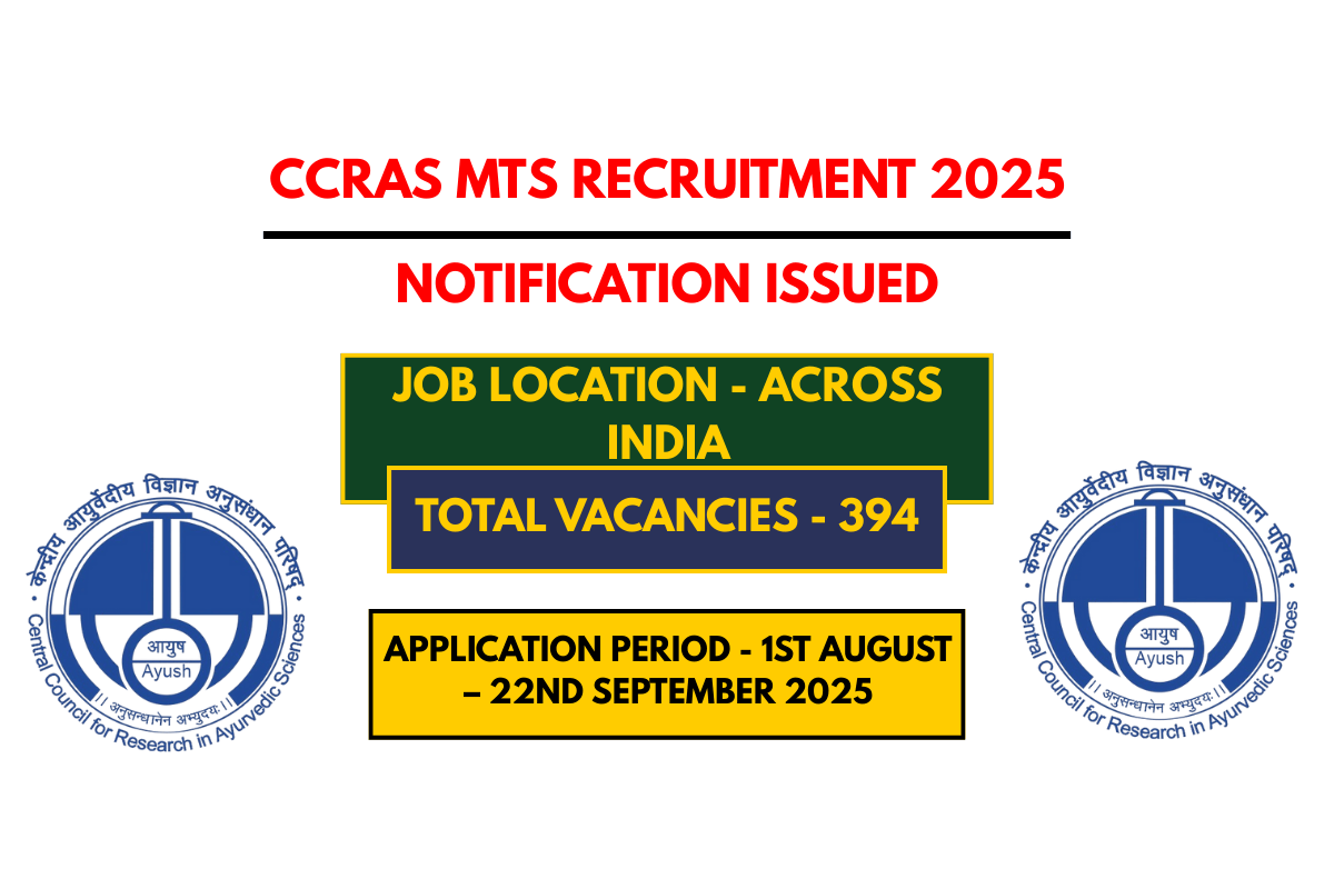 CCRAS MTS Recruitment 2025 Apply for 394 Group A, B & C Posts – Full Details Here